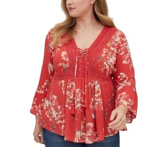 ❗FINAL PRICE❗TORRID Top Orange Floral Crinkle Gauze Crochet Lace Up Babydoll